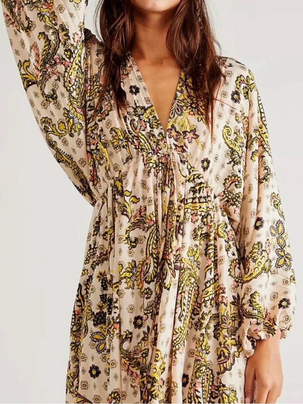 Free People Boho Paisley V-Neck Tie-Waist Mini Dress in Cream